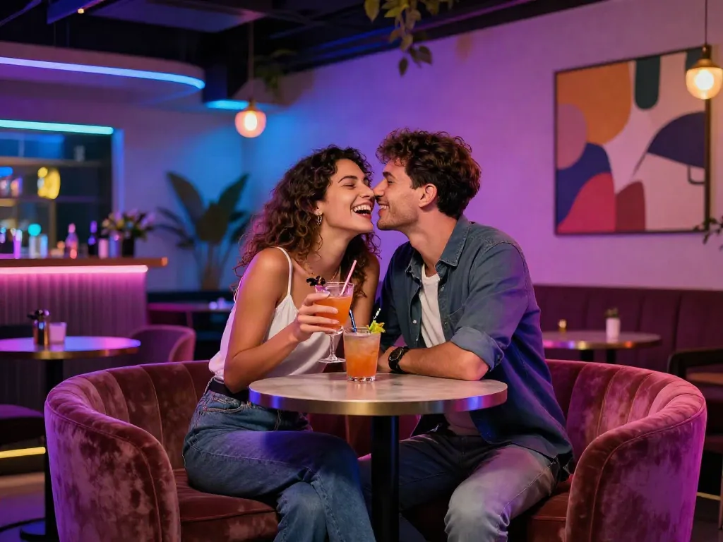 A stylish night scene featuring a young couple enjoying drinks in a lounge, highlighting ari kytsya porn-themed nightlife excitement.